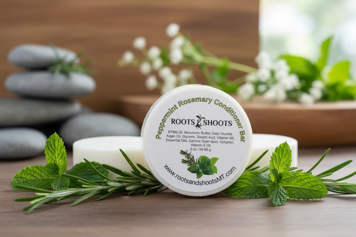 Roots and Shoots peppermint rosemary conditioner bar on a stone surface